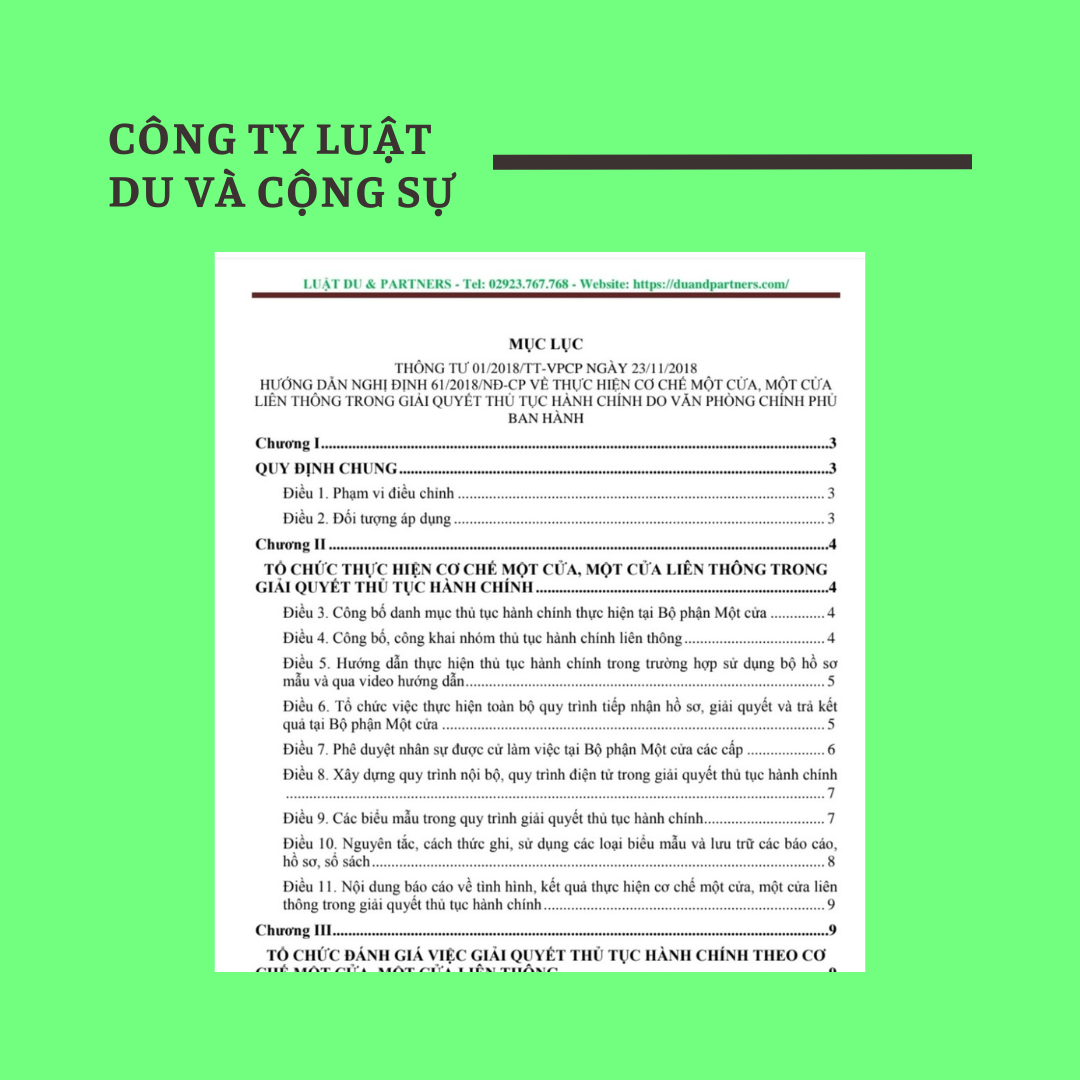 Thông tư 01/2018/TT-VPCP hướng dẫn thi hành một số quy định của Nghị định số 61/2018/NĐ-CP ngày 23 tháng 4 năm 2018 của Chính phủ về thực hiện cơ chế một cửa, một cửa liên thông trong giải quyết thủ tục hành chính